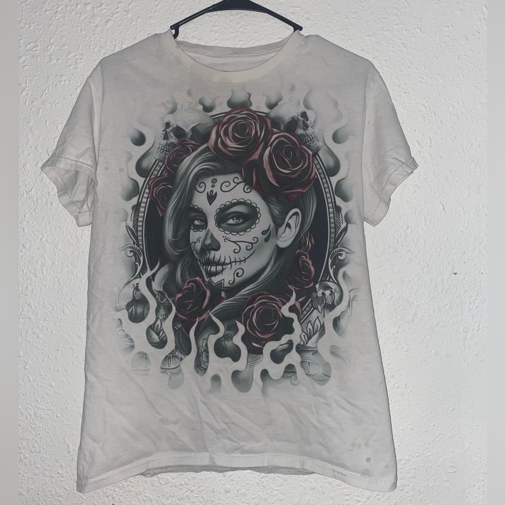 Women's White Tee with Skull and Rose Design